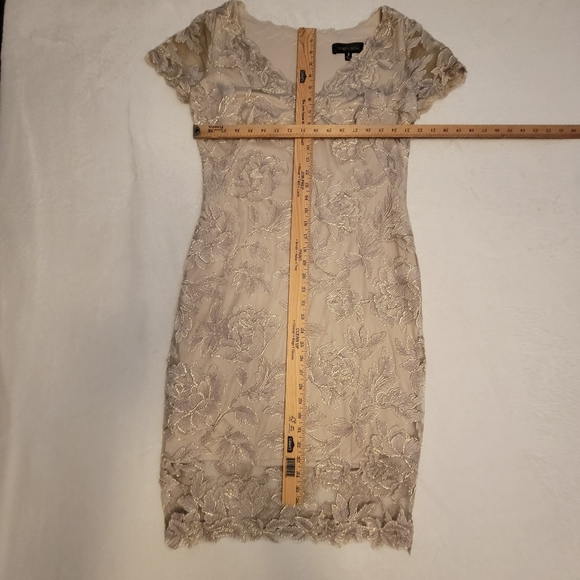 Tadashi Shoji Sz 8 Maci Gold Lace V-Neck Floral Embroidered Lined Cocktail Dress - Picture 3 of 16